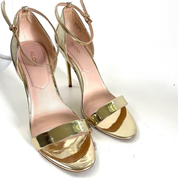Aldo Patent Leather Polesia Gold Metallic Ankle Strap Stiletto High Heel Shoe 8 - Picture 2 of 12